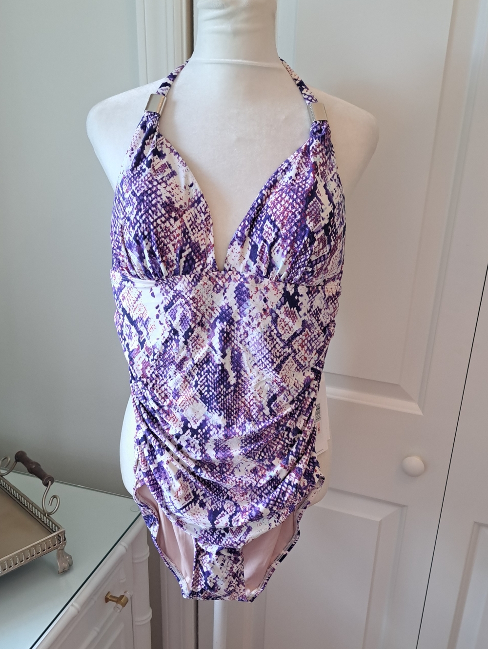 NWT Calvin Klein Womens Purple/Cream Snakeskin Print One Piece Swimsuit UPF 10